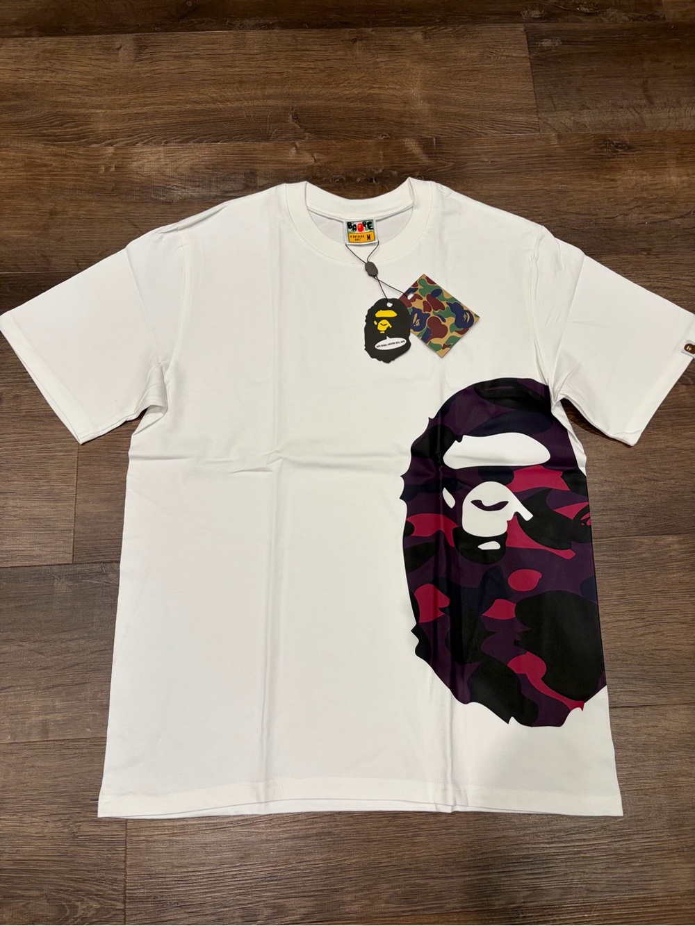 Bape White Tee with Purple & Black Camo Ape Head